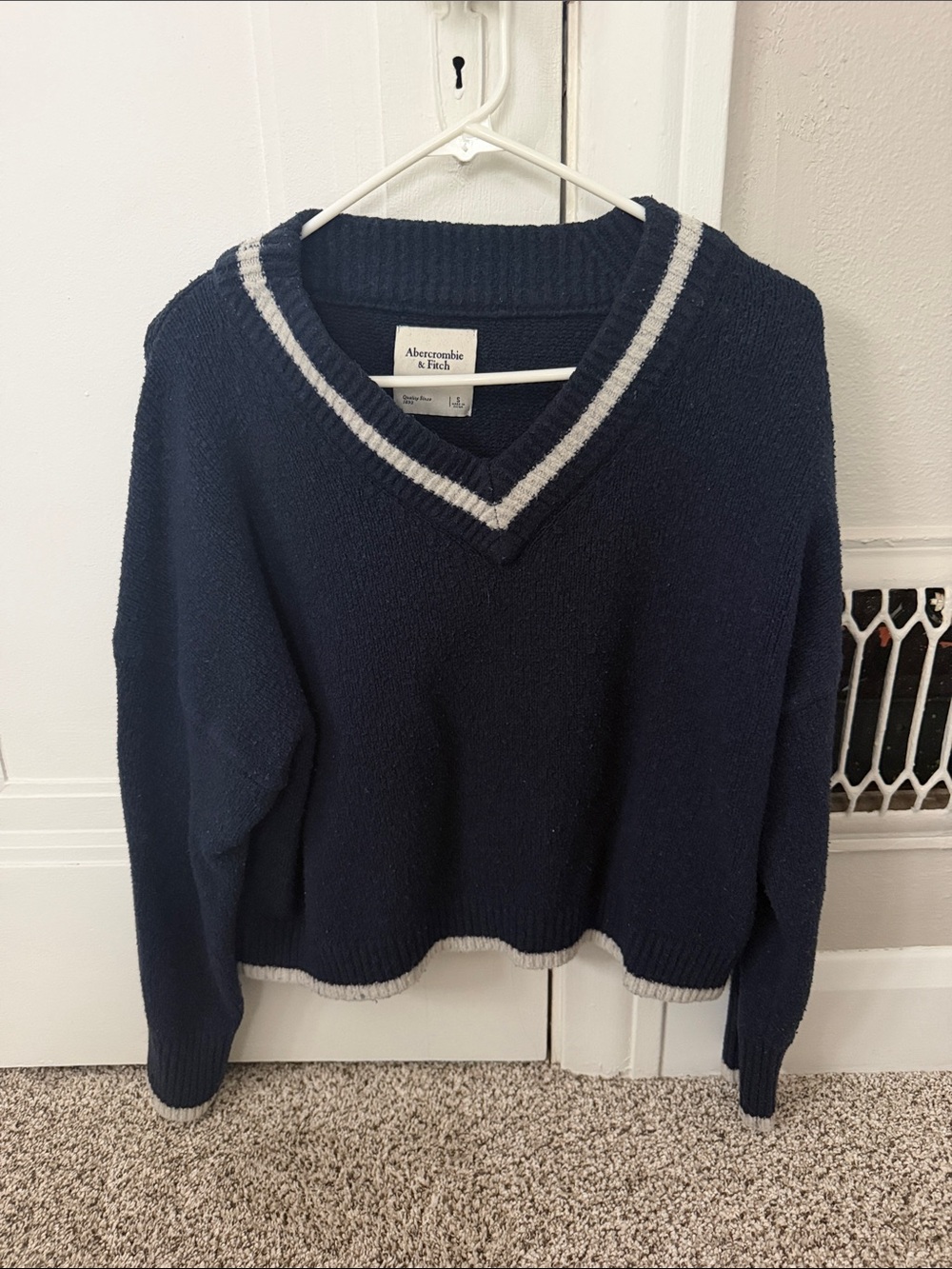 Abercrombie & Fitch Navy V-Neck Sweater with Light Gray Trim